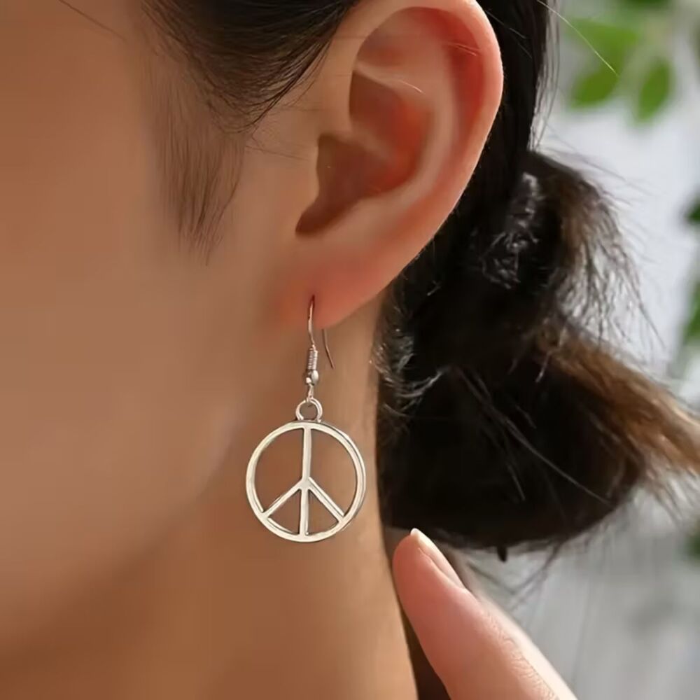 Silver Peace Symbol Dangle Earrings Drop Pendant Charm Boho Retro Lightweight
